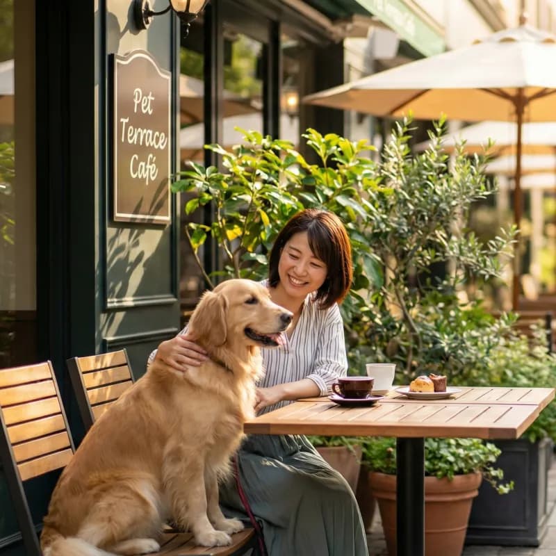 屋外カフェでゴールデンレトリバーと過ごす女性